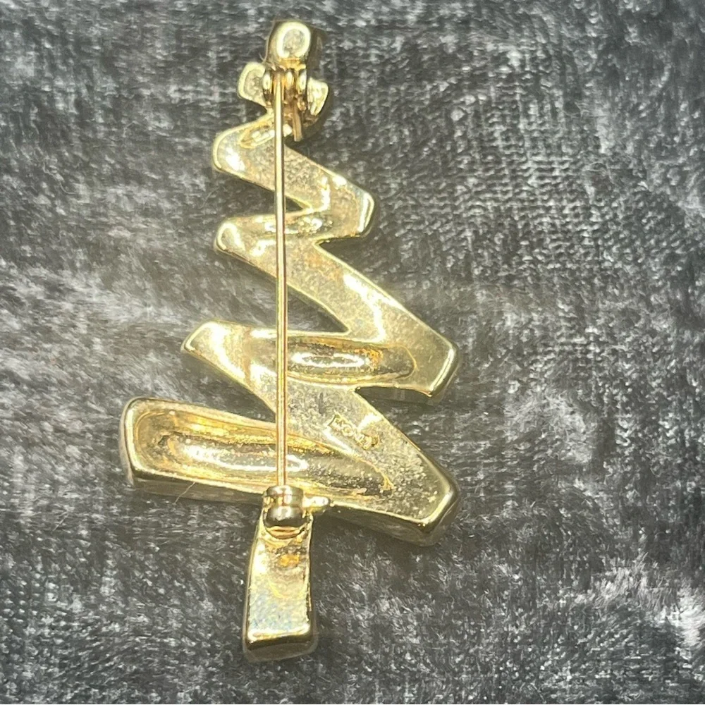 Monet vintage zig zag Gold Tone Christmas Tree Brooch with Rhinestones